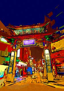 illust, materiell, befreit, Landschaft, Bild, Gemlde, Farbbleistift, Wachsmalstift, Zeichnung,,Kobe Nankinmachi, Chinatown, Eine Arkade, Im Stadtzentrum, China