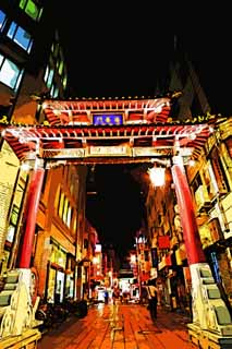 illust, materiell, befreit, Landschaft, Bild, Gemlde, Farbbleistift, Wachsmalstift, Zeichnung,,Kobe Nankinmachi, Chinatown, Eine Arkade, Im Stadtzentrum, China