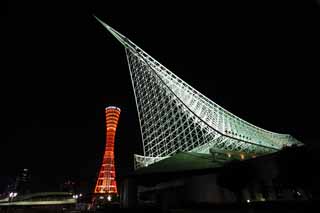 fotografia, materiale, libero il panorama, dipinga, fotografia di scorta,Notte del porto di Kobe, Museo di oceano di Kobe, la torre di porto, barca di piacere, attrazione turistica