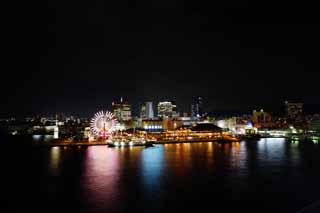 Foto, materiell, befreit, Landschaft, Bild, hat Foto auf Lager,Kobe-Hafen Nachtsichtschwung des Auges, Hafen, Ferrisrad, Vergngensboot, Touristenattraktion