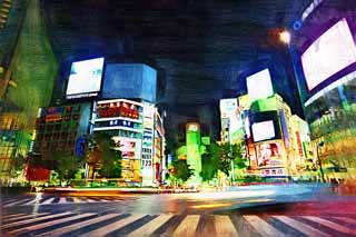illust, materiale, libero panorama, ritratto dipinto, matita di colore disegna a pastello, disegnando,Notte di Shibuya, Il centro, Shibuya 109, passaggio pedonale, segnale di neon