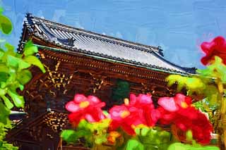 illust, matire, libre, paysage, image, le tableau, crayon de la couleur, colorie, en tirant,La porte Deva de Temple Hase-dera, Mikado, Le Kannon, adorateur, Mitera de la fleur
