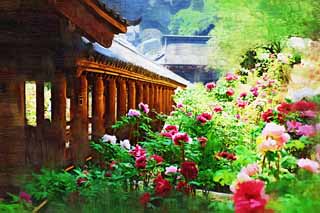 illust,tela,gratis,paisaje,fotografa,idea,pintura,Lpiz de color,dibujo,El templo hasta arriba del corredor de - de Hase dera, Corredor, Escaleras, Fiel, Mitera de la flor