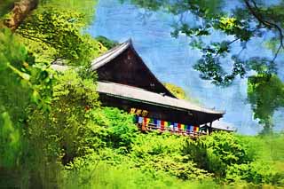 illust, materiell, befreit, Landschaft, Bild, Gemlde, Farbbleistift, Wachsmalstift, Zeichnung,,Die Verehrungshalle eines Buddhistischen Tempels von Hase-dera Temple, Die Haupthalle eines Buddhistischen Tempels, hlzernes Gebude, Chaitya, Mitera der Blume