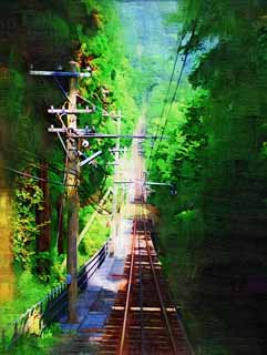 illustration,material,free,landscape,picture,painting,color pencil,crayon,drawing,The tunnel of the cable car, tunnel, track, cable car, steep grade