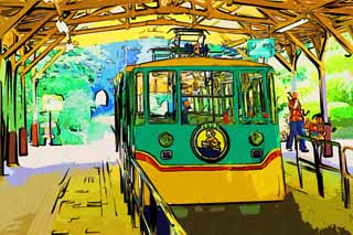 illustration,material,free,landscape,picture,painting,color pencil,crayon,drawing,Mt. Takao cable car, track, mountain climbing visitor, Hiking, An excursion