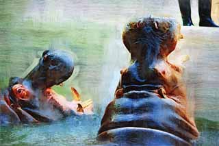 illust, matire, libre, paysage, image, le tableau, crayon de la couleur, colorie, en tirant,Un hippopotame, hippopotame, Hippopotame, Amabilit, paissant animal