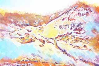 illust, materiale, libero panorama, ritratto dipinto, matita di colore disegna a pastello, disegnando,Noboribetsu Onsen valle di inferno, primavera calda, Zolfo, Calore terrestre, vulcano