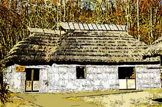 illustration,material,free,landscape,picture,painting,color pencil,crayon,drawing,Pon chise, Ainu, Tradition architecture, Thatch, roof