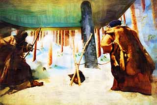 illust, materiale, libero panorama, ritratto dipinto, matita di colore disegna a pastello, disegnando,La caccia di Ainu, Cacciando, bestia, pelliccia, Ainu