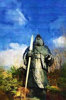 illust, materiell, befreit, Landschaft, Bild, Gemlde, Farbbleistift, Wachsmalstift, Zeichnung,,Das Bild von Ainu, hlzerne Statue, blauer Himmel, Volkskostm, Ainu