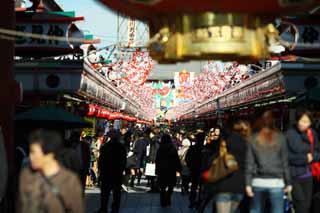 Foto, materieel, vrij, landschap, schilderstuk, bevoorraden foto,De opkomst van winkelt voering een looppad, Toeristisch, Senso-ji Tempel, Asakusa, Lantaarn