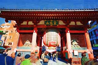 illust, materiale, libero panorama, ritratto dipinto, matita di colore disegna a pastello, disegnando,Kaminari-mon il Cancello, facendo il turista macchia, Tempio di Senso-ji, Asakusa, lanterna