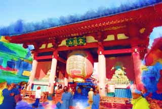 illust, materiell, befreit, Landschaft, Bild, Gemlde, Farbbleistift, Wachsmalstift, Zeichnung,,Kaminari-mon Tor, das Besichtigen von Stelle, Senso-ji-Tempel, Asakusa, Laterne