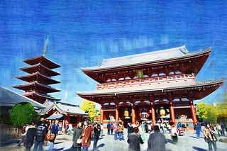 illust, materiell, befreit, Landschaft, Bild, Gemlde, Farbbleistift, Wachsmalstift, Zeichnung,,Senso-ji-Tempel Hozo-mon Tor, das Besichtigen von Stelle, Senso-ji-Tempel, Asakusa, Laterne