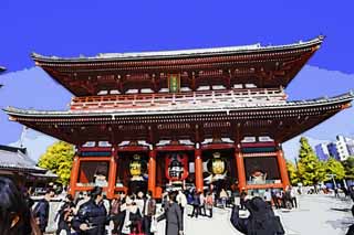 Illust, materieel, vrij, landschap, schilderstuk, schilderstuk, kleuren potlood, crayon, werkje,Senso-ji Temple Hozo-mon Poort, Bezoekende touristenplaats stip, Senso-ji Tempel, Asakusa, Lantaarn