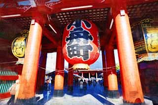 illustration,material,free,landscape,picture,painting,color pencil,crayon,drawing,Senso-ji Temple Hozo-mon Gate, sightseeing spot, Senso-ji Temple, Asakusa, lantern