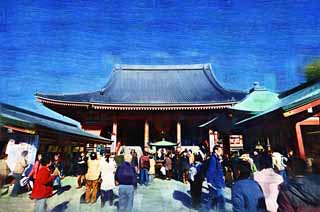 illustration,material,free,landscape,picture,painting,color pencil,crayon,drawing,The Senso-ji Temple main hall of a Buddhist temple, sightseeing spot, Senso-ji Temple, Asakusa, lantern