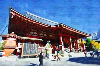 illustration,material,free,landscape,picture,painting,color pencil,crayon,drawing,The Senso-ji Temple main hall of a Buddhist temple, sightseeing spot, Senso-ji Temple, Asakusa, lantern