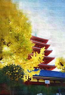 illust, matire, libre, paysage, image, le tableau, crayon de la couleur, colorie, en tirant,Temple Senso-ji cinq pagode Storeyed, Chaitya, Temple Senso-ji, Asakusa, Je suis peint en rouge