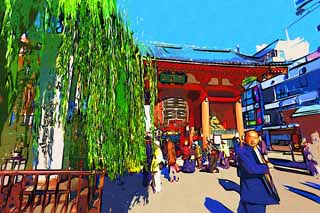 illust, matire, libre, paysage, image, le tableau, crayon de la couleur, colorie, en tirant,Kaminari-mon Porte, visiter des sites pittoresques tache, Temple Senso-ji, Asakusa, lanterne