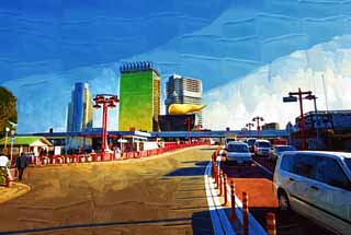 illustration,material,free,landscape,picture,painting,color pencil,crayon,drawing,Scenery of Azumabashi, Asakusa, Philippe Starck, paved road, car
