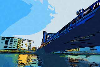 illustration,material,free,landscape,picture,painting,color pencil,crayon,drawing,Kiyosu Bridge, bridge, Sumida River descent, An iron bridge, Traffic