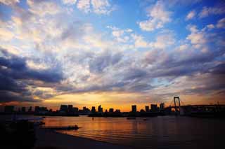 Foto, materiell, befreit, Landschaft, Bild, hat Foto auf Lager,Dmmerung von Odaiba, Brcke, Wolke, datieren Sie Kurs, seaside entwickelte neu Stadtzentrum