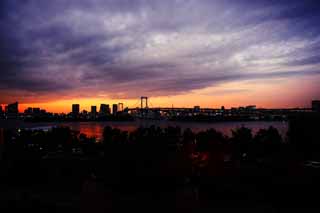 Foto, materiell, befreit, Landschaft, Bild, hat Foto auf Lager,Dmmerung von Odaiba, Brcke, Wolke, datieren Sie Kurs, seaside entwickelte neu Stadtzentrum