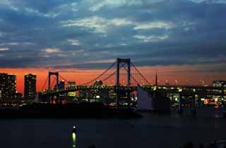 fotografia, material, livra, ajardine, imagine, proveja fotografia,Crepsculo de Odaiba, ponte, nuvem, date curso, litoral desenvolveu centro de cidade recentemente