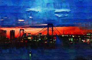 illustration,material,free,landscape,picture,painting,color pencil,crayon,drawing,Dusk of Odaiba, bridge, cloud, date course, seaside newly developed city center