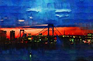 illust, materiell, befreit, Landschaft, Bild, Gemlde, Farbbleistift, Wachsmalstift, Zeichnung,,Dmmerung von Odaiba, Brcke, Wolke, datieren Sie Kurs, seaside entwickelte neu Stadtzentrum