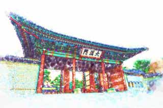 illustration,material,free,landscape,picture,painting,color pencil,crayon,drawing,The virtue Kotobuki shrine size Han gate, palace building, I am painted in red, sloppy image, Tradition architecture