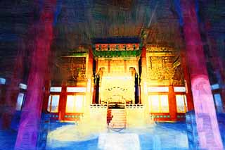 illustration,material,free,landscape,picture,painting,color pencil,crayon,drawing,The virtue Kotobuki shrine Hall of Central Harmony, palace building, I am painted in red, An Emperor's chair, Tradition architecture