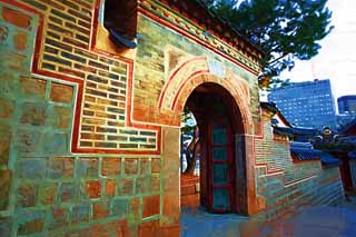 illustration,material,free,landscape,picture,painting,color pencil,crayon,drawing,The gate of the virtue Kotobuki shrine brick, palace building, brick, bird, Tradition architecture