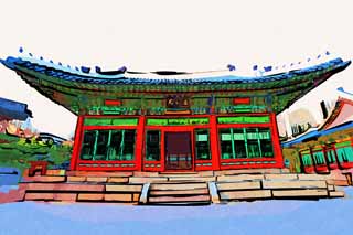 illustration,material,free,landscape,picture,painting,color pencil,crayon,drawing,Virtue Kotobuki shrine virtue Hiroshi, palace building, I am painted in red, Bluish green, Tradition architecture