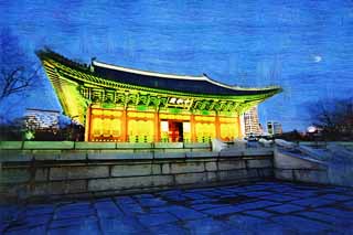 illustration,material,free,landscape,picture,painting,color pencil,crayon,drawing,The virtue Kotobuki shrine Hall of Central Harmony, palace building, I am painted in red, stone pavement, Tradition architecture