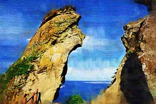 illustration,material,free,landscape,picture,painting,color pencil,crayon,drawing,The huge stone of the Shiroyama Hiji peak, seongsan ilchulbong, Cliff, volcanic island, beauty spot