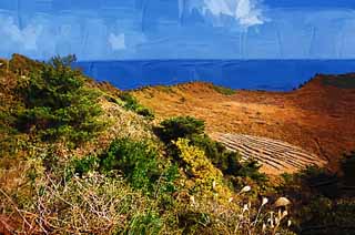 illustration,material,free,landscape,picture,painting,color pencil,crayon,drawing,The crater of the Shiroyama Hiji peak, seongsan ilchulbong, Cliff, volcanic island, beauty spot