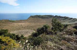 fotografia, material, livra, ajardine, imagine, proveja fotografia,A cratera do Shiroyama Hiji cume, ilchulbong de seongsan, Cliff, ilha vulcnica, mancha de beleza