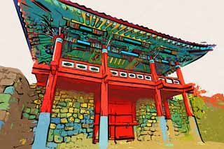 illustration,material,free,landscape,picture,painting,color pencil,crayon,drawing,Castle town folk village prefectural office trace, I am painted in red, government office, Tradition architecture, Culture