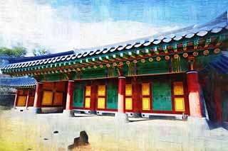 illustration,material,free,landscape,picture,painting,color pencil,crayon,drawing,Castle town folk village prefectural office trace, I am painted in red, government office, Tradition architecture, Culture