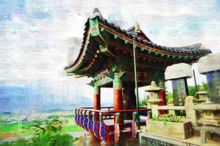 Illust, materieel, vrij, landschap, schilderstuk, schilderstuk, kleuren potlood, crayon, werkje,Sanbanggul tempel, Wankele berg, Chaitya, Klokje toren, Lava koepeltent