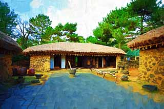 illustration,material,free,landscape,picture,painting,color pencil,crayon,drawing,A Korean tradition private house, house, door, private house, Traditional culture