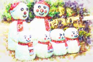 illust, materiell, befreit, Landschaft, Bild, Gemlde, Farbbleistift, Wachsmalstift, Zeichnung,,Eine Familie der Schneemnner, Schneemann, Schneemnner, Korea, Weihnachten