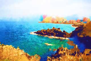 illust, matire, libre, paysage, image, le tableau, crayon de la couleur, colorie, en tirant,Le rivage d'le Cheju, Tte du dragon Rock, Yongduam, rivage, pcheur