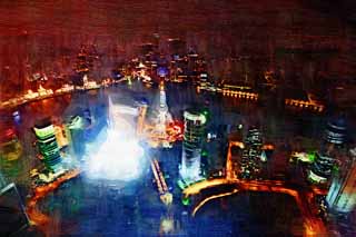 Illust, materieel, vrij, landschap, schilderstuk, schilderstuk, kleuren potlood, crayon, werkje,Een avond uitzicht van Sjanghai, Sjanghai, Wereld Financial Center, Observatory, Avond