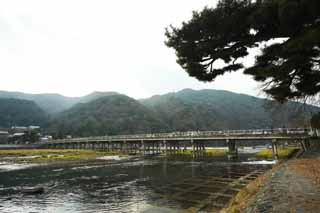 fotografia, materiale, libero il panorama, dipinga, fotografia di scorta,Togetsu-kyo fa un ponte su, Keisen, ponte, fiume, raggio che sostiene