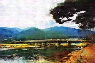 illustration,material,free,landscape,picture,painting,color pencil,crayon,drawing,Togetsu-kyo Bridge, Keisen, bridge, river, supporting beam