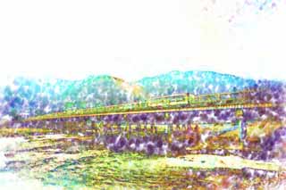 illust, materiale, libero panorama, ritratto dipinto, matita di colore disegna a pastello, disegnando,Togetsu-kyo fa un ponte su, Keisen, ponte, fiume, raggio che sostiene